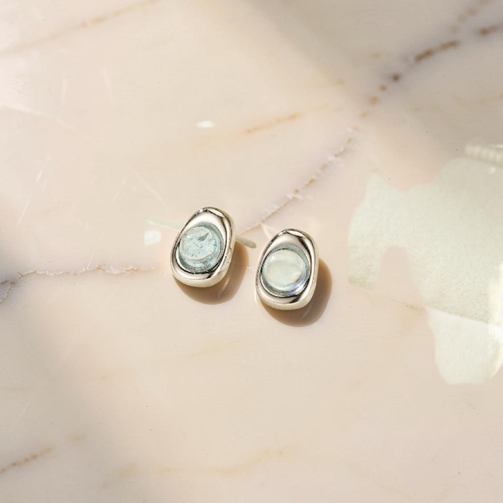 ATELIER-TIBET – Boucles d'oreilles Aigue marine – Douce Vague, Argent