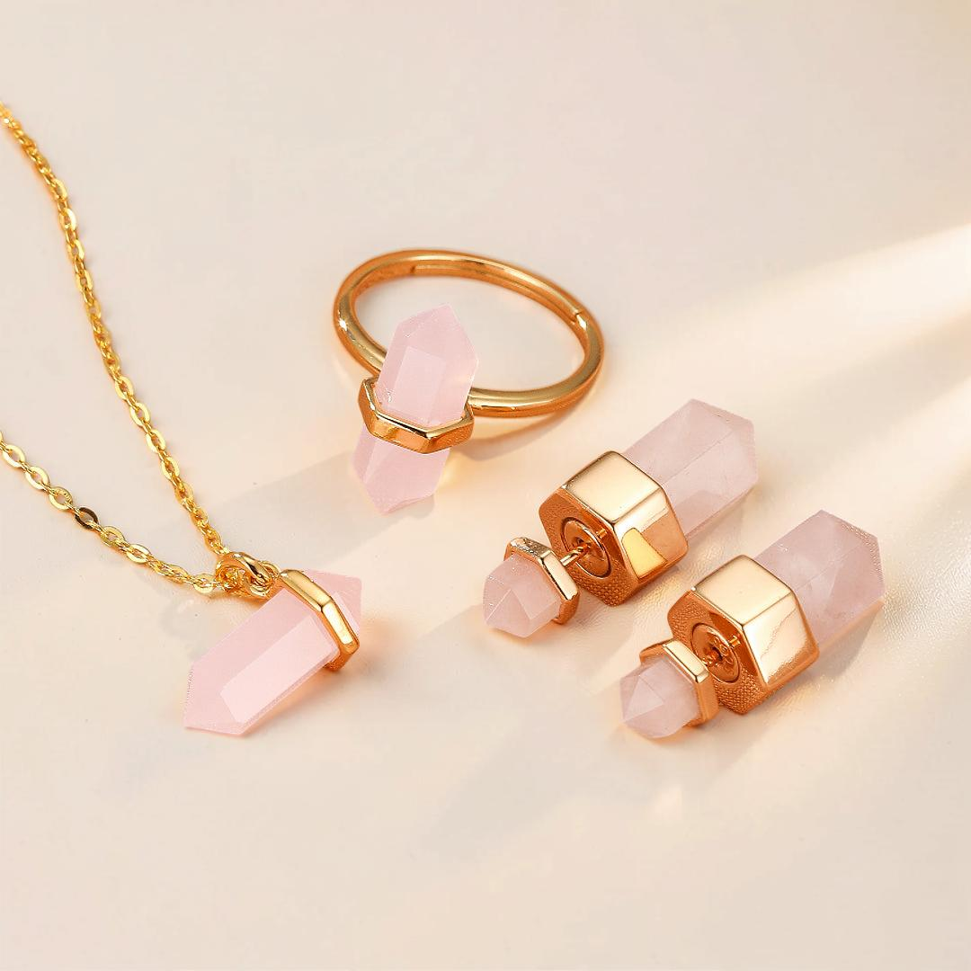 ATELIER-TIBET – Boucles d’oreilles Quartz Rose – Point de Lumière, Argent Plaqué Or 10K