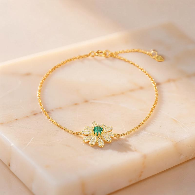 ATELIER-TIBET – Bracelet Émeraude – Fleur Éclatante, Argent Plaqué Or 18K