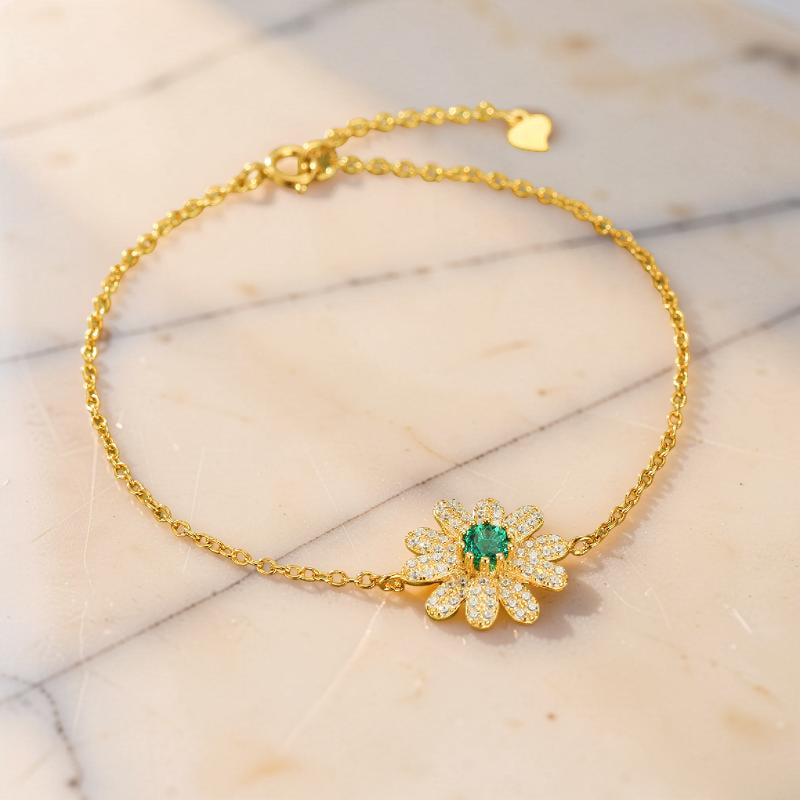 ATELIER-TIBET – Bracelet Émeraude – Fleur Éclatante, Argent Plaqué Or 18K
