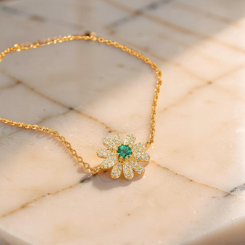 ATELIER-TIBET – Bracelet Émeraude – Fleur Éclatante, Argent Plaqué Or 18K