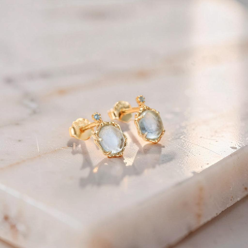 ATELIER-TIBET – Clous d'oreilles Aigue marine – Vague Céleste, Argent 925