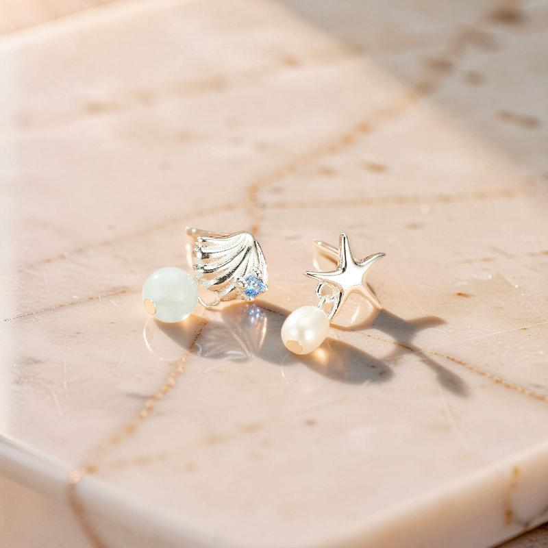 ATELIER-TIBET – Boucles d'oreilles Aigue marine et Perle – Étoile de l'Océan, Argent