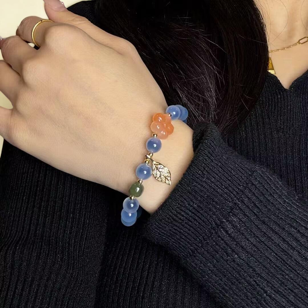 ATELIER-TIBET – Bracelet Agate Bleue – Feuille Dorée