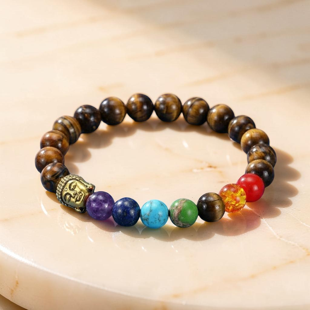 ATELIER-TIBET – Bracelet 7 Chakras Œil de Tigre et Pierres Naturelles - Bouddha