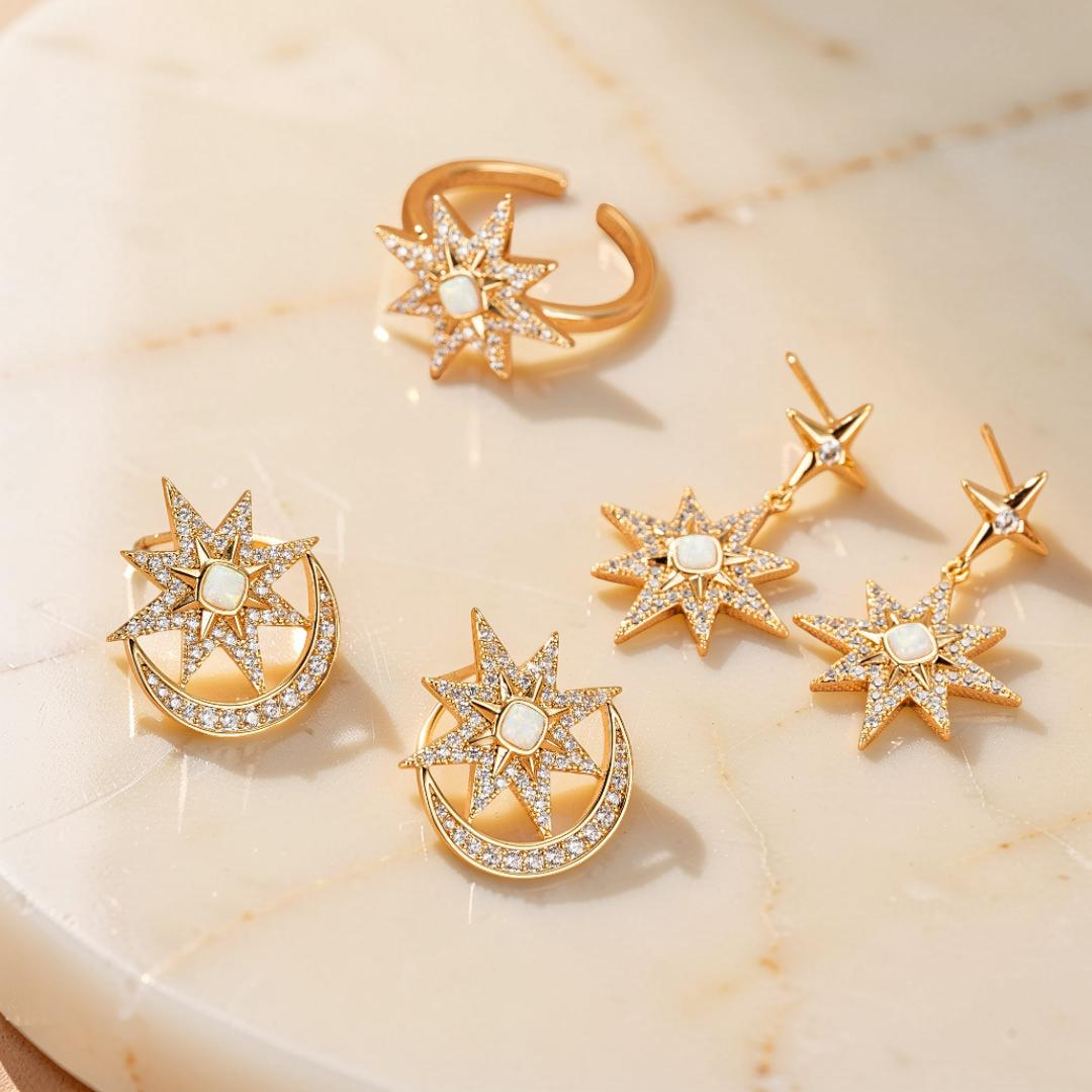 ATELIER-TIBET – Boucles d'Oreilles Opale – Lune Étoilée
