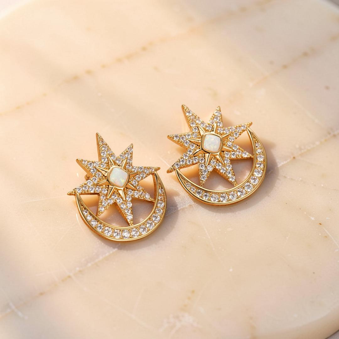 ATELIER-TIBET – Boucles d'Oreilles Opale – Lune Étoilée