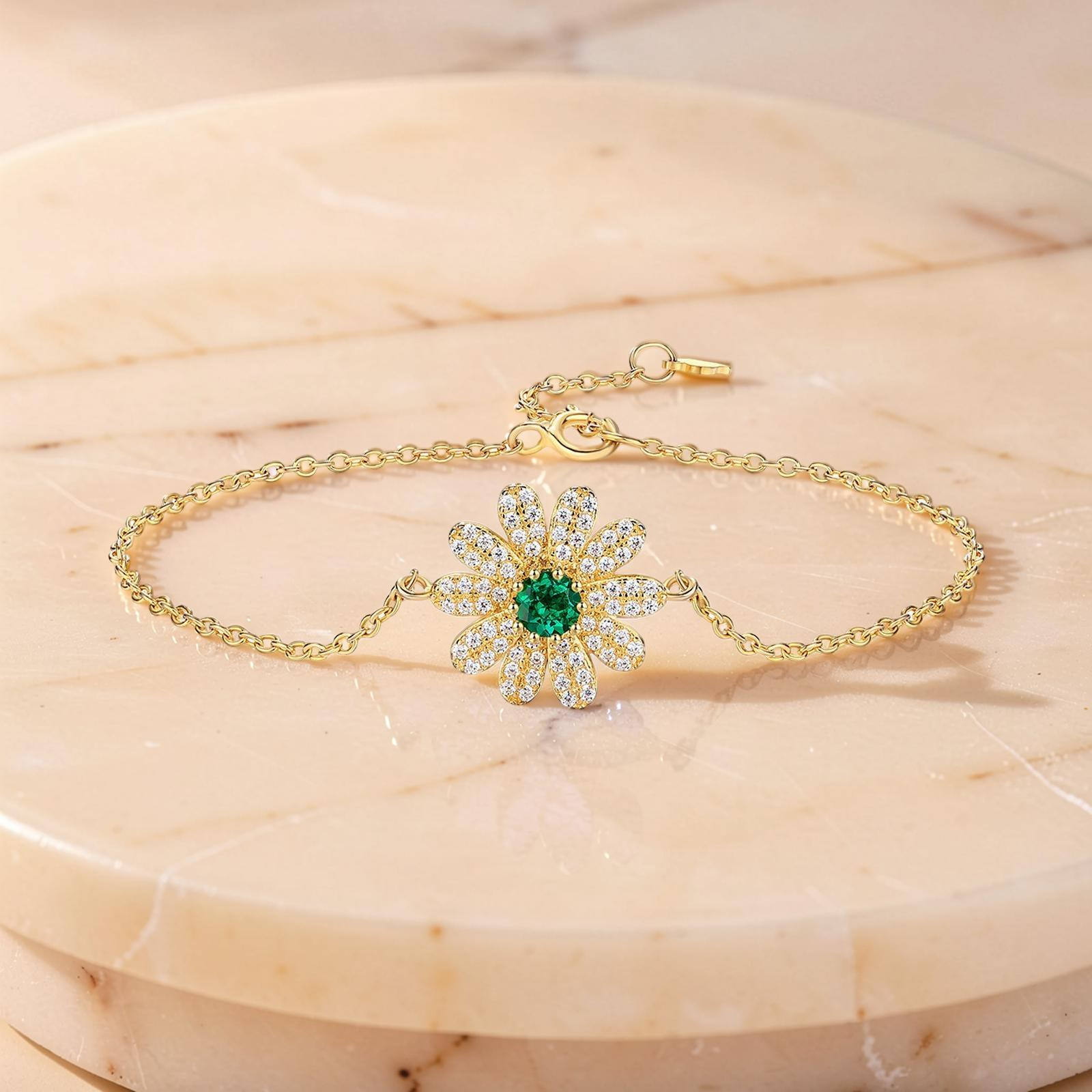 ATELIER-TIBET – Bracelet Émeraude – Fleur Éclatante, Argent Plaqué Or 18K