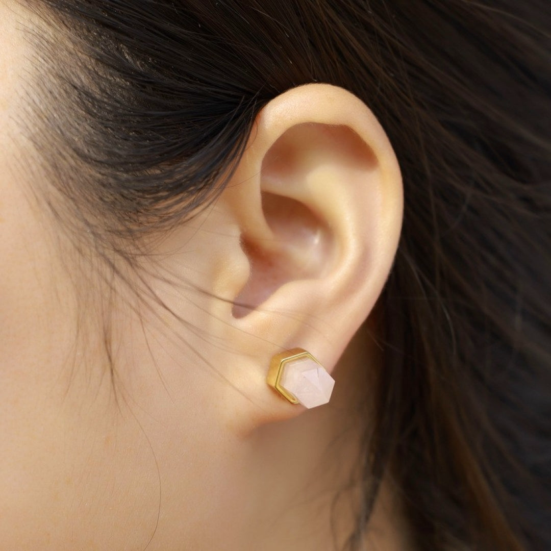 ATELIER-TIBET – Boucles d’oreilles Quartz Rose – Point de Lumière, Argent Plaqué Or 10K