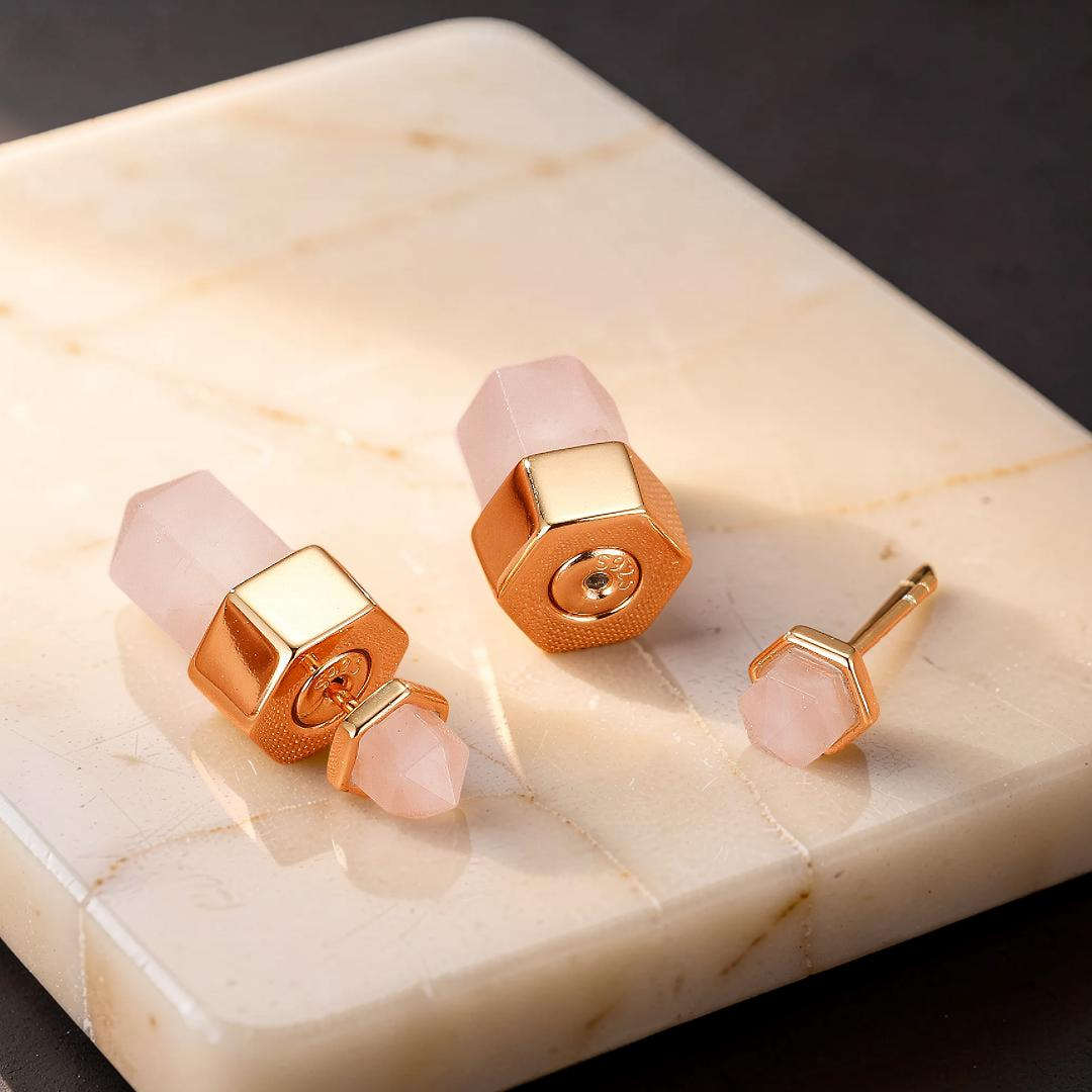 ATELIER-TIBET – Boucles d’oreilles Quartz Rose – Point de Lumière, Argent Plaqué Or 10K