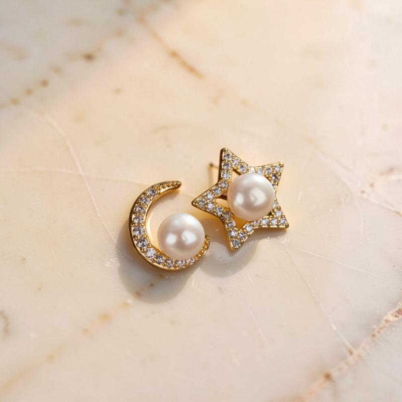 ATELIER-TIBET – Boucles d'Oreilles Perle – Étoile Lunaire, Plaqué Or