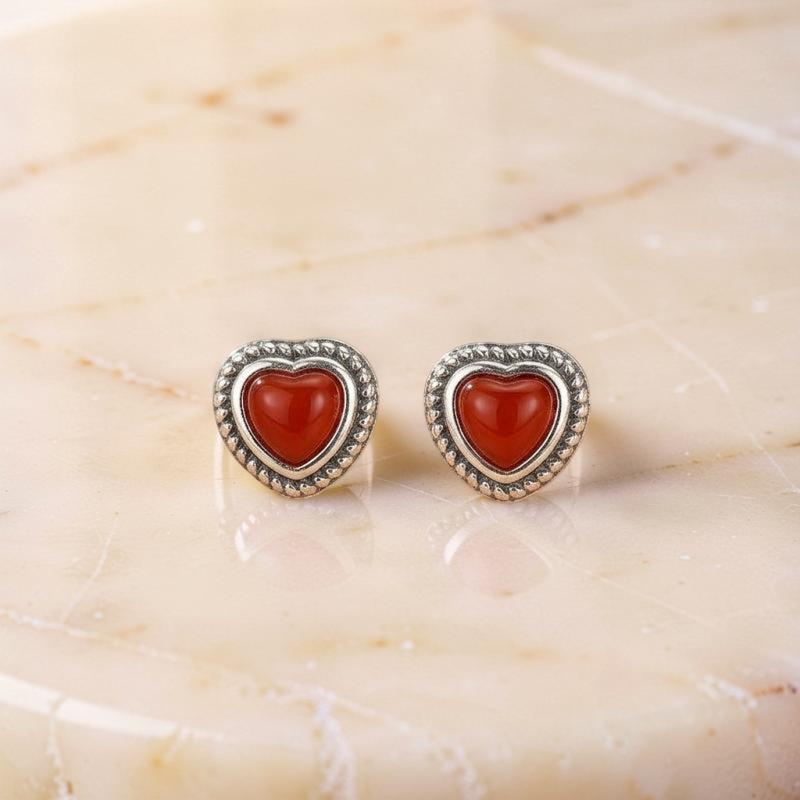 ATELIER-TIBET – Boucles d'Oreilles Agate Rouge – Cœur Passion, Argent