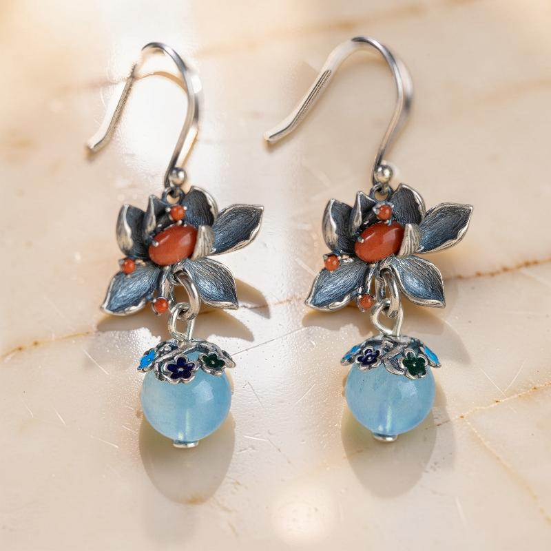 ATELIER-TIBET – Boucles d'Oreilles Aigue Marine – Lotus Sérénité, Argent