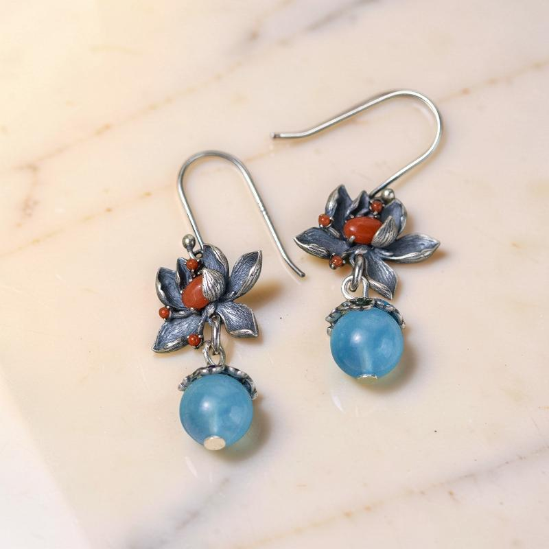 ATELIER-TIBET – Boucles d'Oreilles Aigue Marine – Lotus Sérénité, Argent