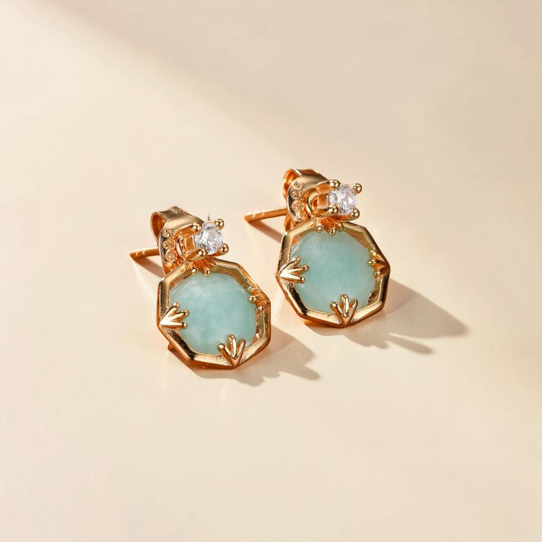 ATELIER-TIBET – Boucles d'Oreilles Amazonite et Cristal de Roche – Danse des Étoiles, Argent Plaqué Or