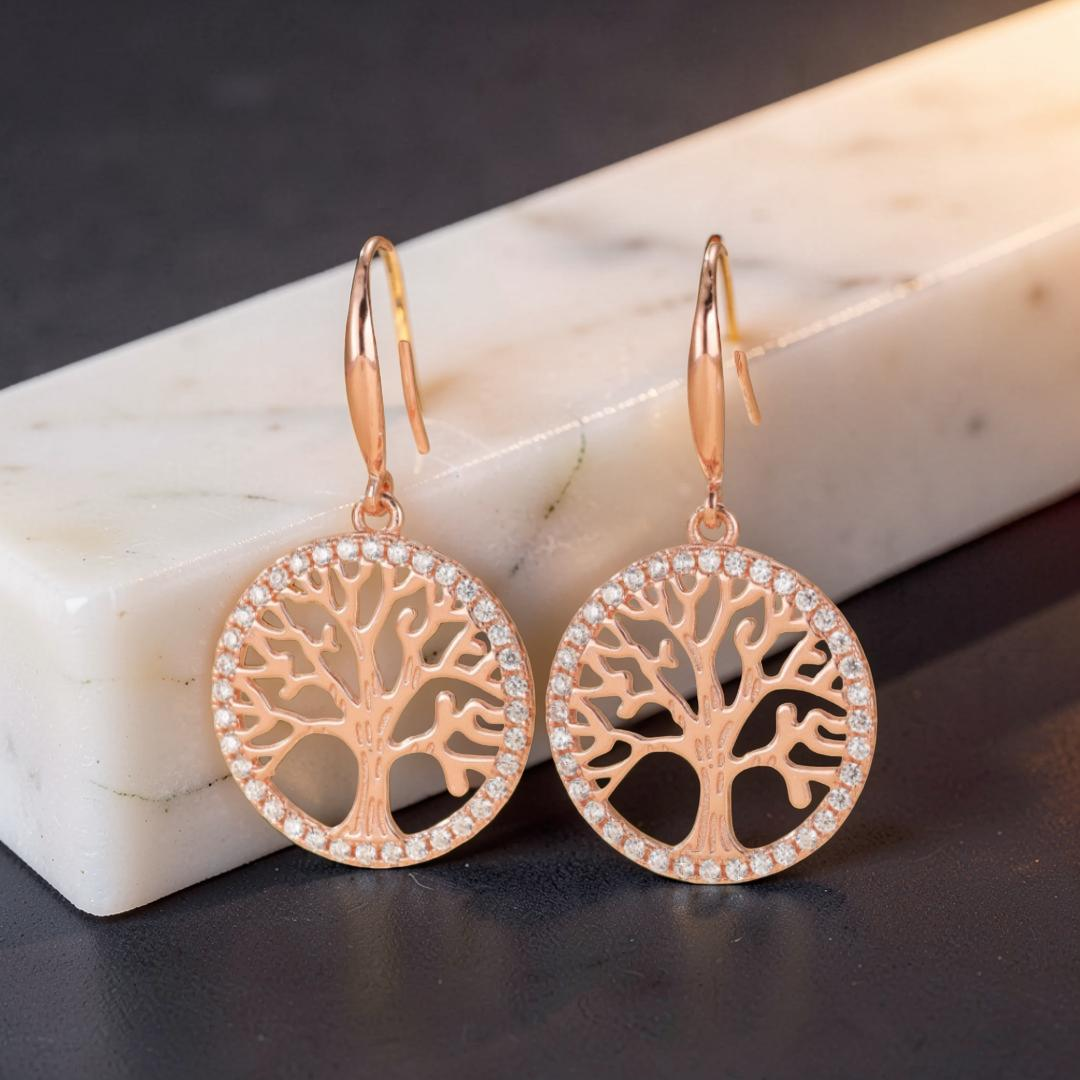 ATELIER-TIBET – Boucles d'Oreilles Arbre de Vie – Renouveau, Argent Plaqué Or Rose