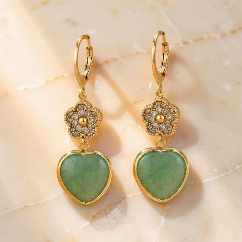 ATELIER-TIBET – Boucles d'Oreilles Aventurine – Cœur Chanceux