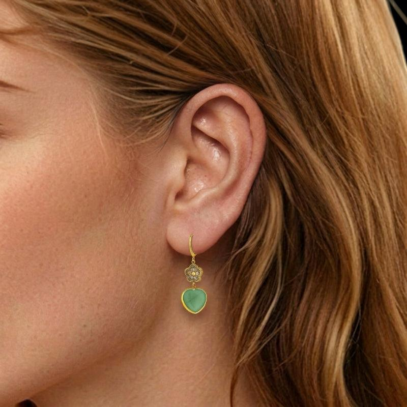 ATELIER-TIBET – Boucles d'Oreilles Aventurine – Cœur Chanceux