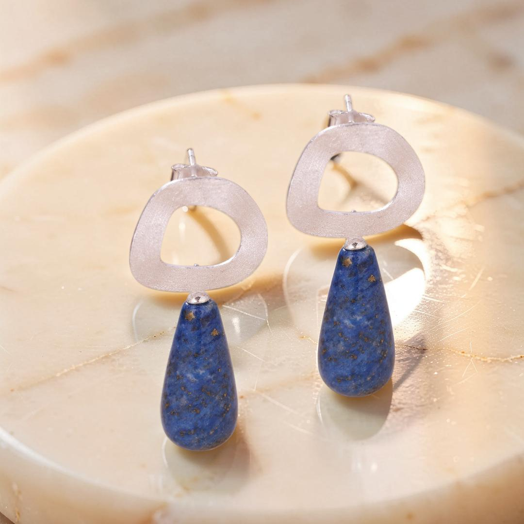 ATELIER-TIBET – Boucles d'Oreilles Aventurine et Lapis Lazuli – Goutte Dorée, Argent Plaqué Or