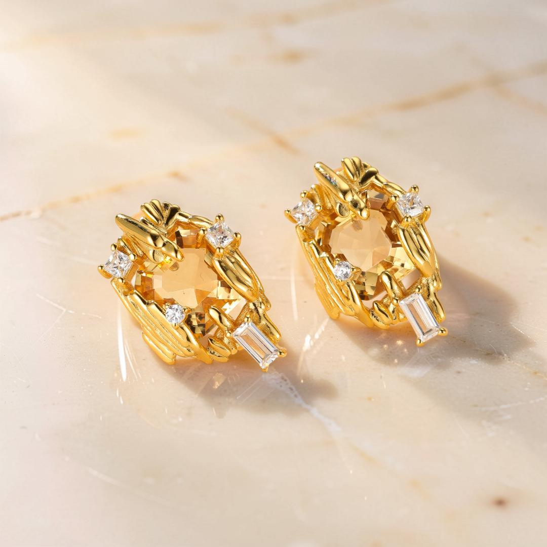 ATELIER-TIBET – Boucles d'Oreilles Citrine – Trésor Radieux, Argent Plaqué Or
