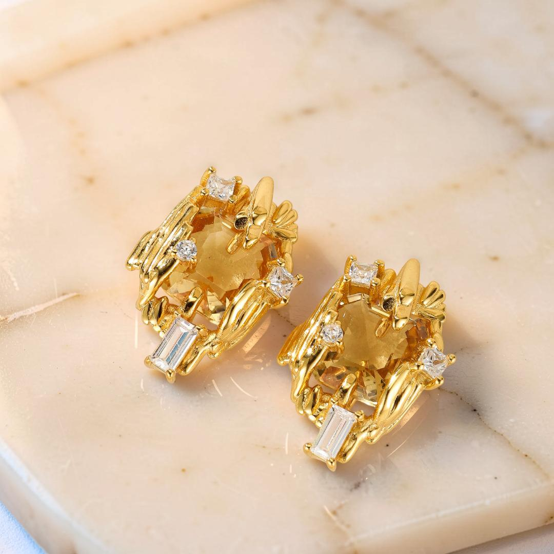 ATELIER-TIBET – Boucles d'Oreilles Citrine – Trésor Radieux, Argent Plaqué Or