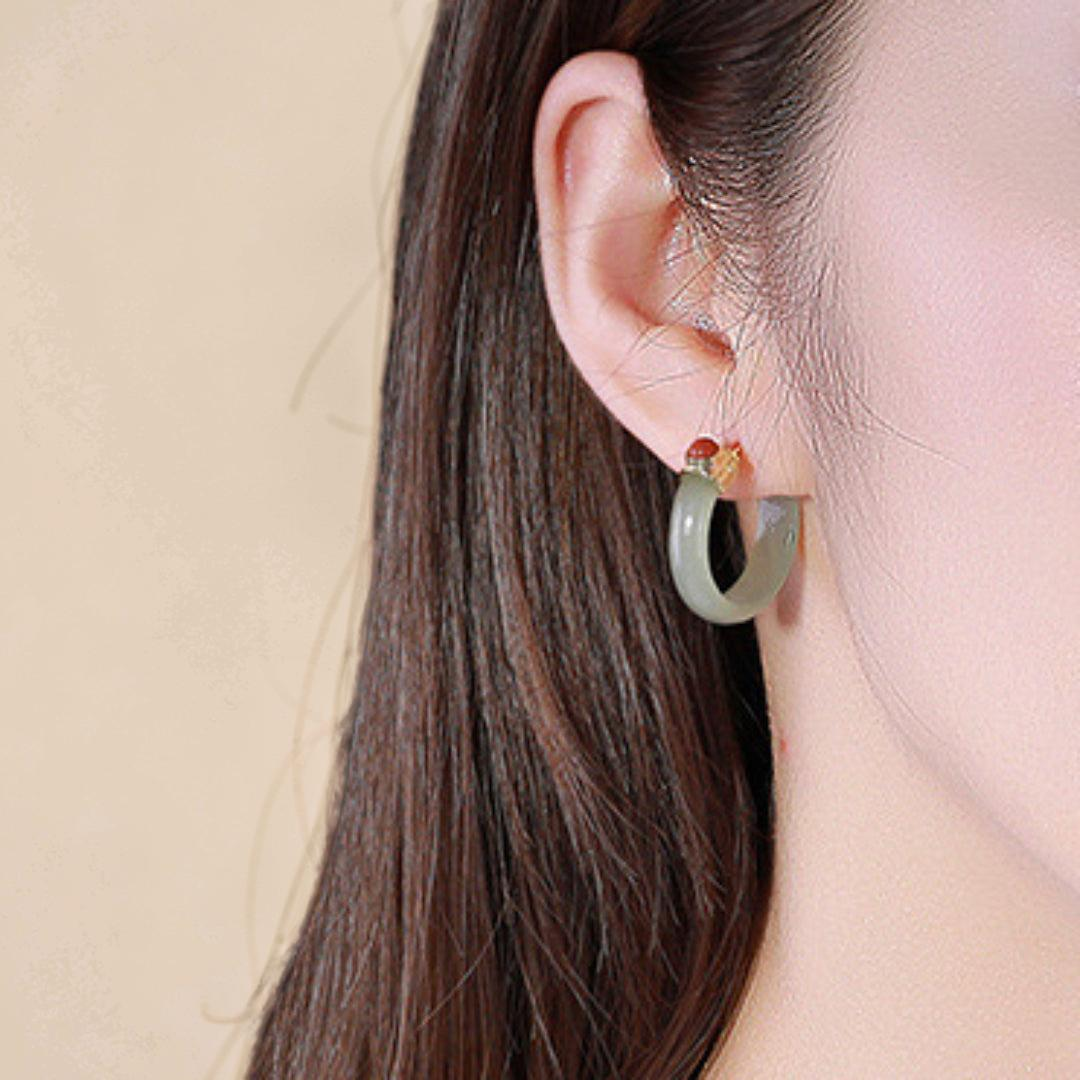 ATELIER-TIBET – Boucles d'Oreilles Créoles Jade et Agate – Charme Antique, Argent Plaqué Or