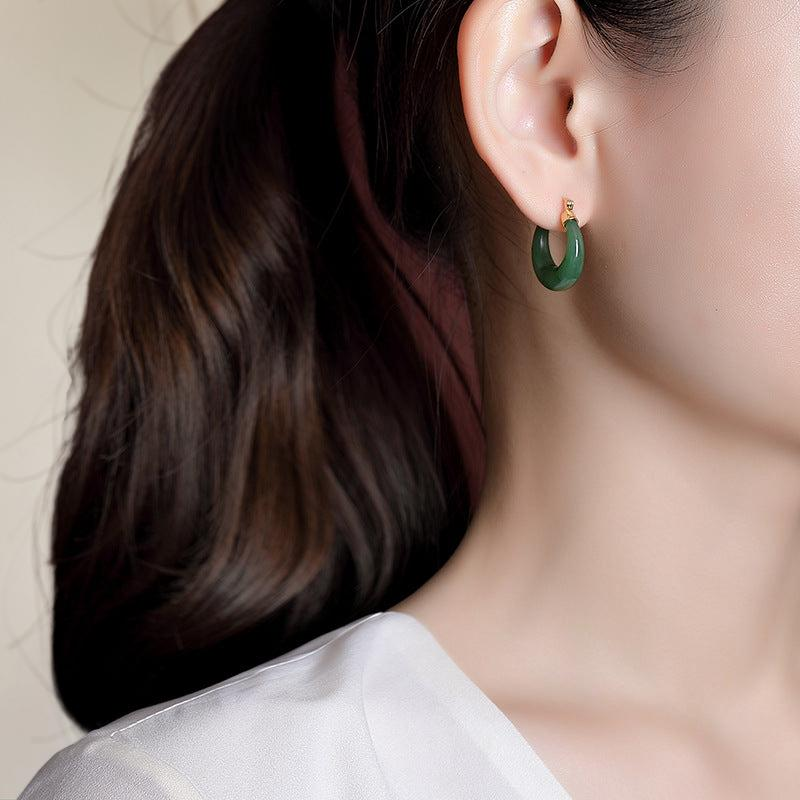 ATELIER-TIBET – Boucles d'Oreilles Créoles Jade – Sérénité, Argent Plaqué Or