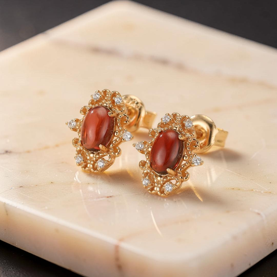 ATELIER-TIBET – Boucles d'Oreilles Grenat – Flamme Royale, Argent Plaqué Or 10K