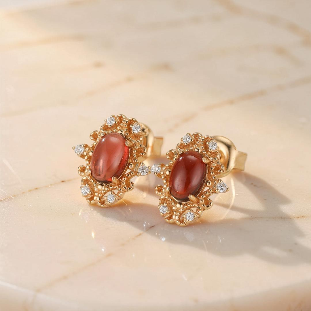 ATELIER-TIBET – Boucles d'Oreilles Grenat – Flamme Royale, Argent Plaqué Or 10K