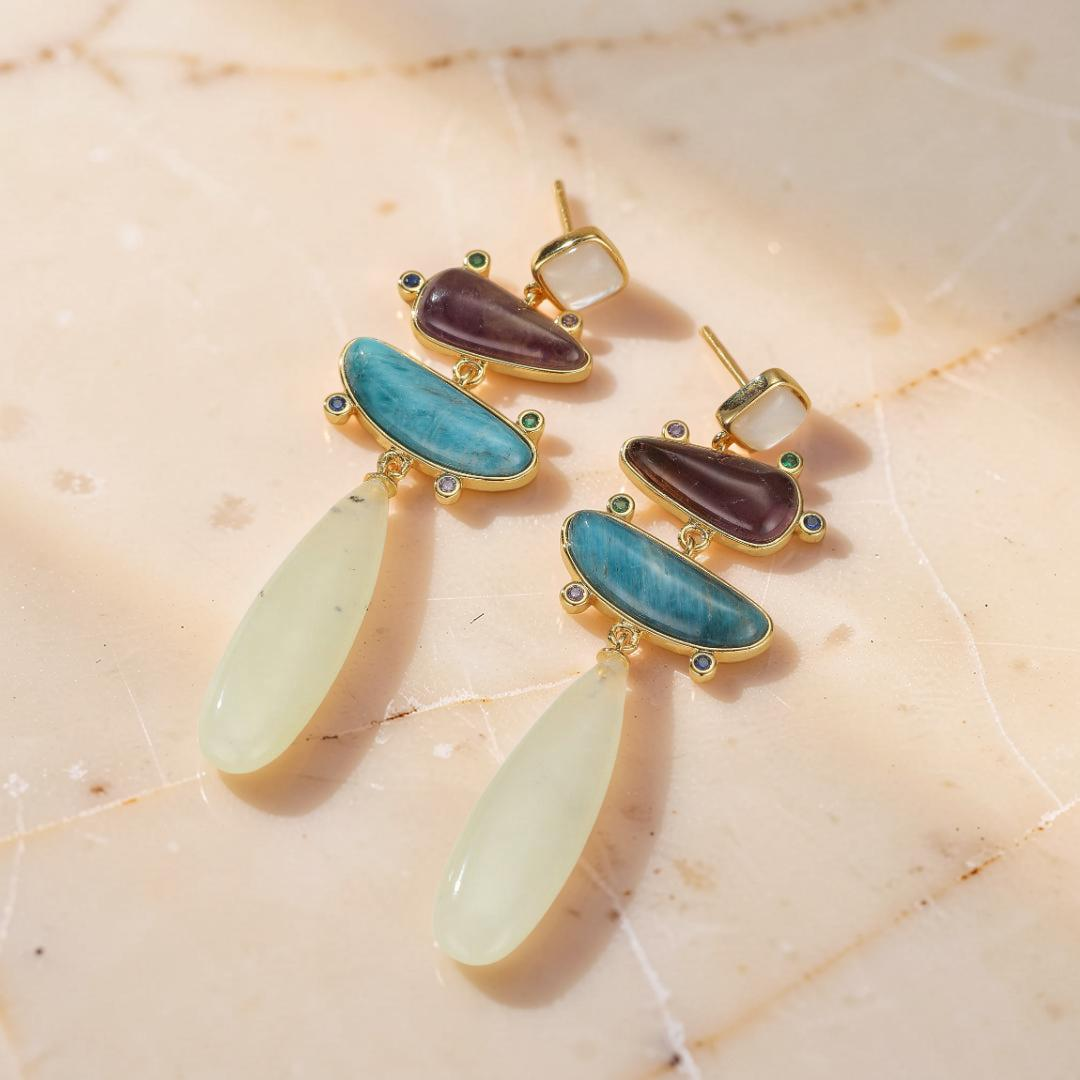 ATELIER-TIBET – Boucles d'Oreilles Jade, Améthyste et Apatite – Éclat Serein