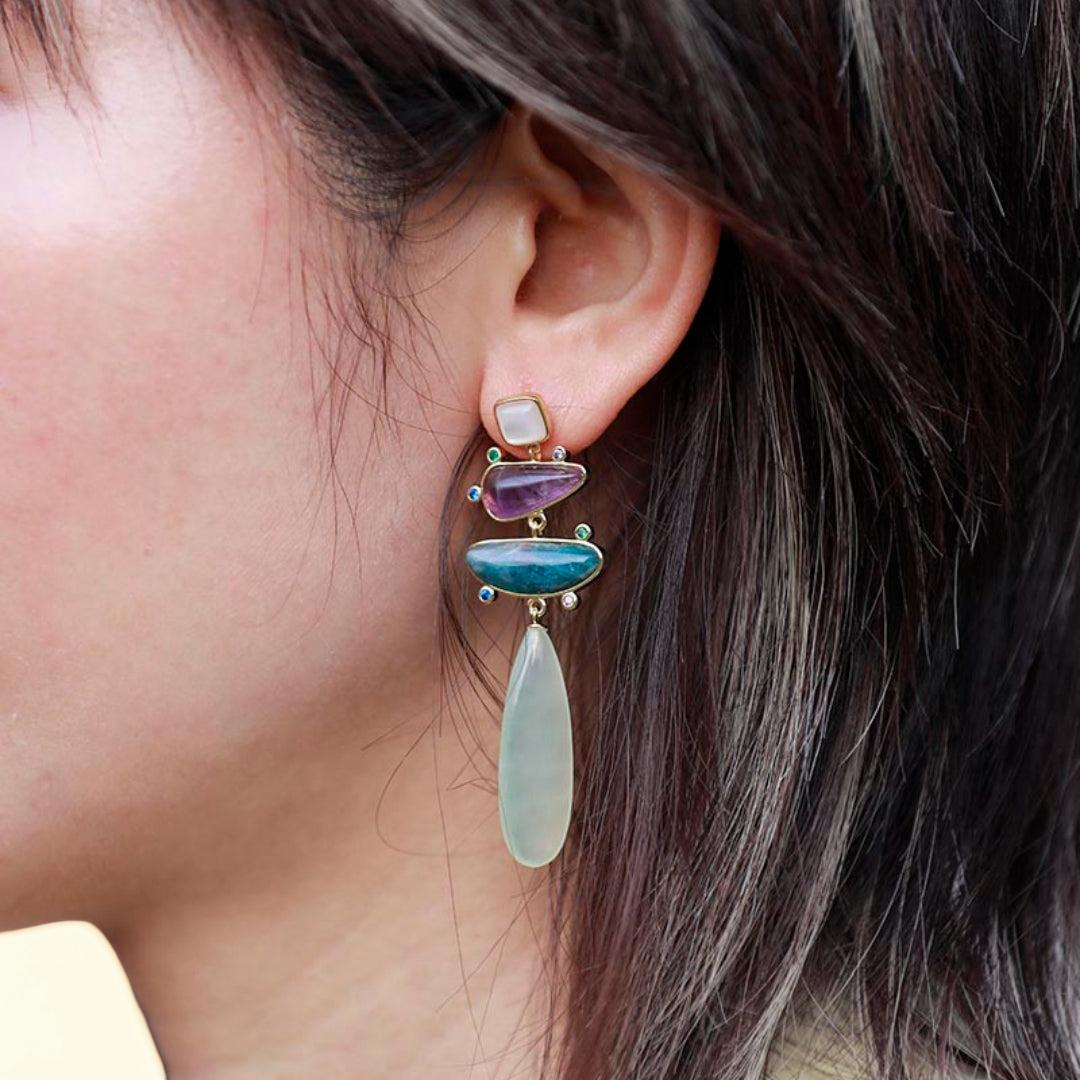 ATELIER-TIBET – Boucles d'Oreilles Jade, Améthyste et Apatite – Éclat Serein