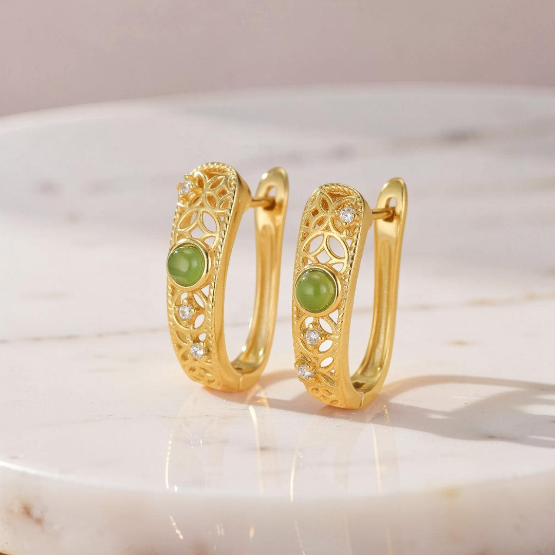 ATELIER-TIBET – Boucles d'Oreilles Jade – Élégance Impériale, Argent Plaqué Or