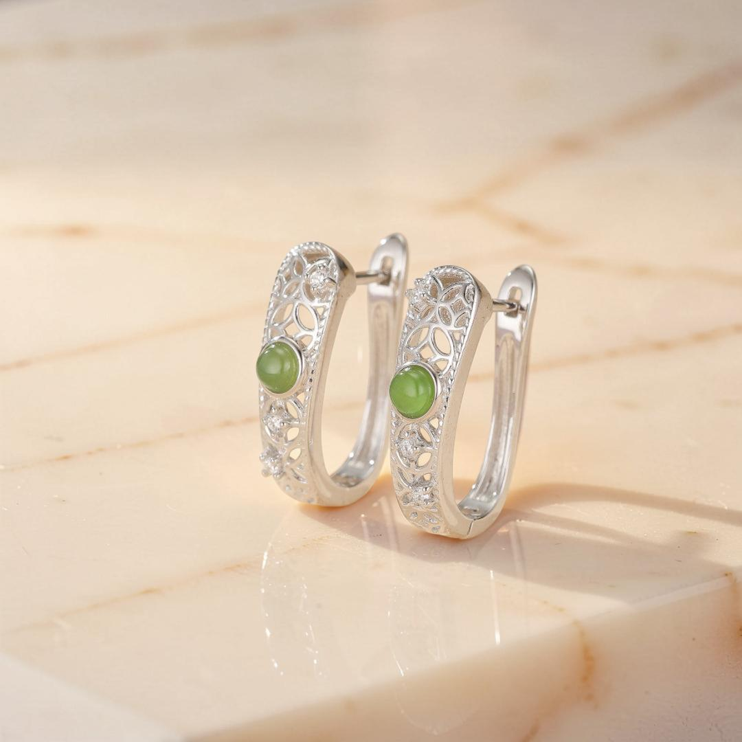 ATELIER-TIBET – Boucles d'Oreilles Jade – Élégance Impériale, Argent Plaqué Or
