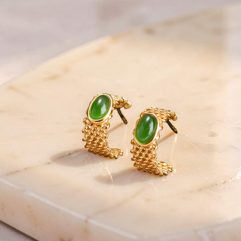 ATELIER-TIBET – Boucles d'Oreilles Jade – Élégance Raffinée, Argent Plaqué Or