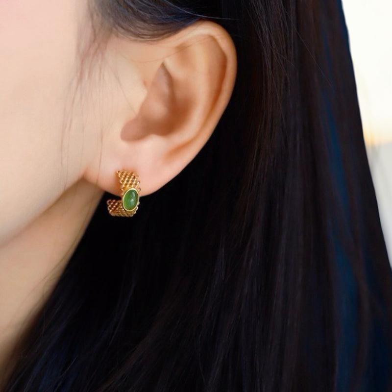 ATELIER-TIBET – Boucles d'Oreilles Jade – Élégance Raffinée, Argent Plaqué Or