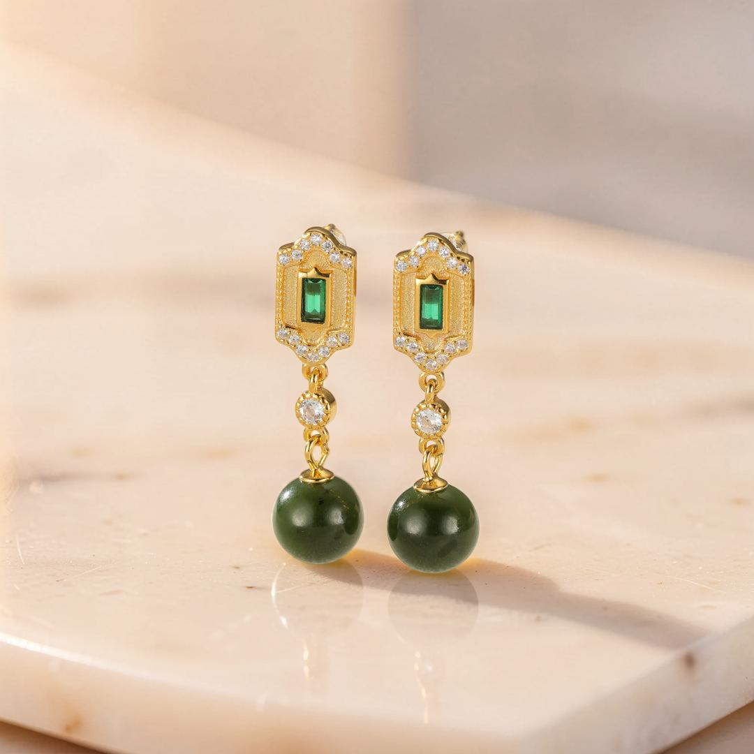 ATELIER-TIBET – Boucles d'Oreilles Jade et Émeraude – Réussite, Argent 925