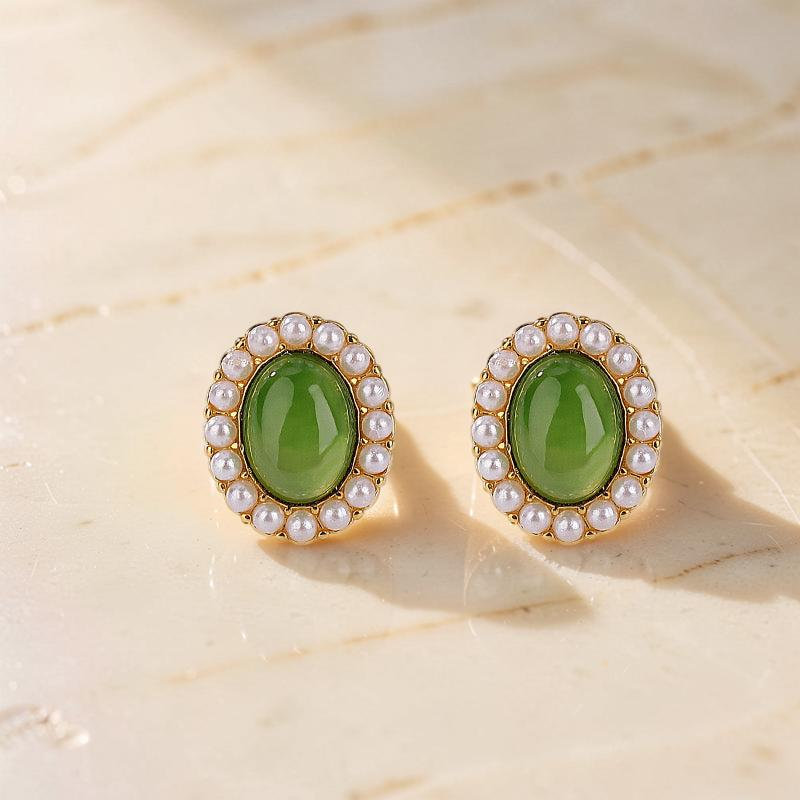 ATELIER-TIBET – Boucles d'Oreilles Jade et Perle – Douceur, Argent Plaqué Or