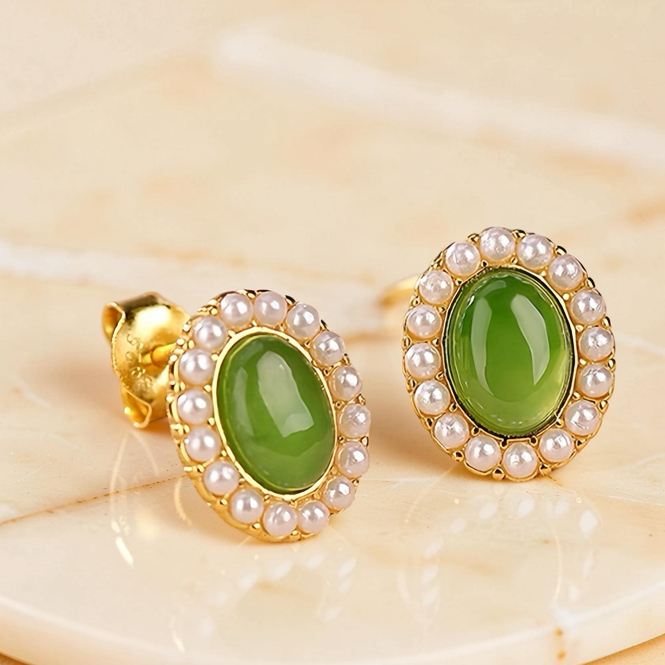 ATELIER-TIBET – Boucles d'Oreilles Jade et Perle – Douceur, Argent Plaqué Or