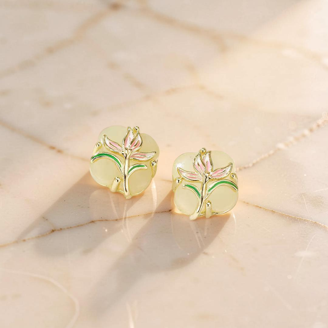 ATELIER-TIBET – Boucles d’oreilles Jade – Lumière Botanique, Argent Plaqué Or