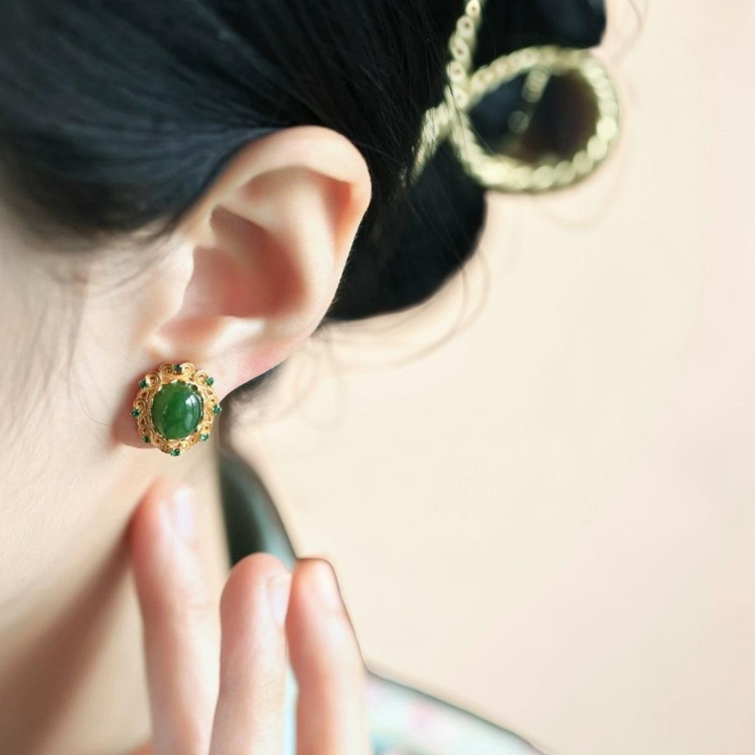 ATELIER-TIBET – Boucles d'Oreilles Jade – Nuage de Félicité, Argent Plaqué Or