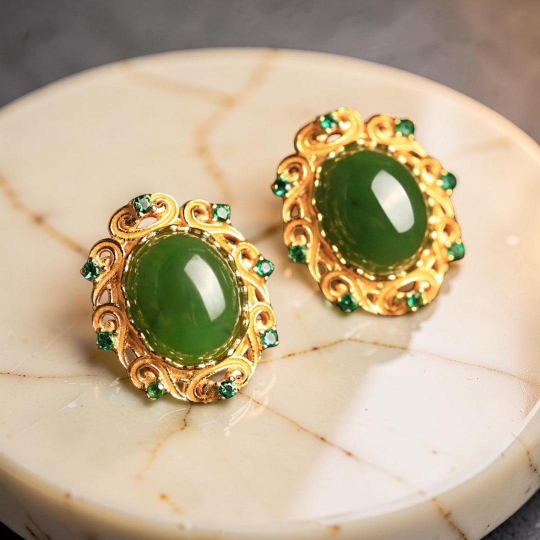 ATELIER-TIBET – Boucles d'Oreilles Jade – Nuage de Félicité, Argent Plaqué Or