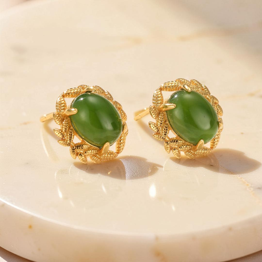 ATELIER-TIBET – Boucles d'Oreilles Jade – Reine de Jade, Argent Plaqué Or