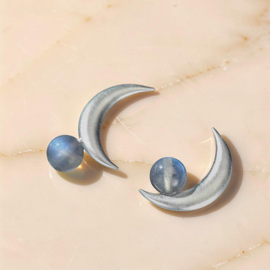 ATELIER-TIBET – Boucles d'Oreilles Labradorite – Croissant Enchanté, Argent