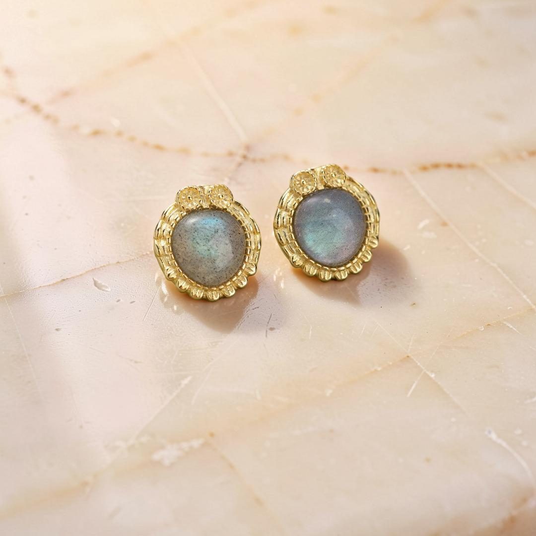 ATELIER-TIBET – Boucles d'Oreilles Labradorite – Sagesse Antique, Argent Plaqué Or
