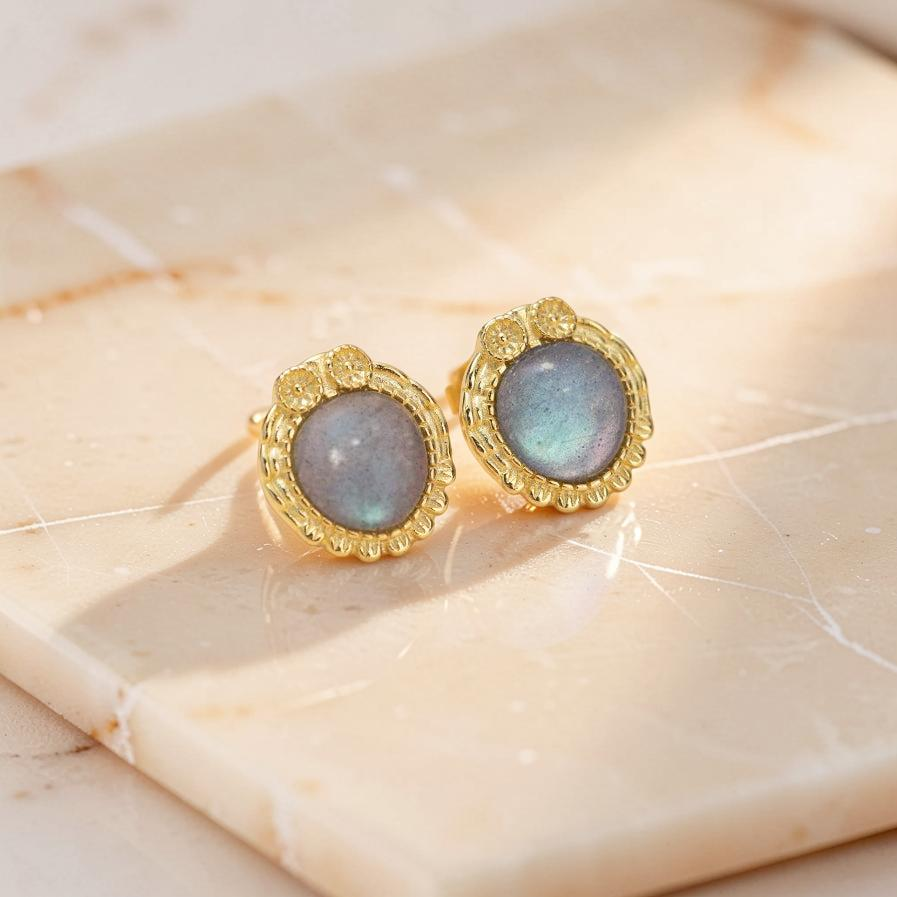 ATELIER-TIBET – Boucles d'Oreilles Labradorite – Sagesse Antique, Argent Plaqué Or