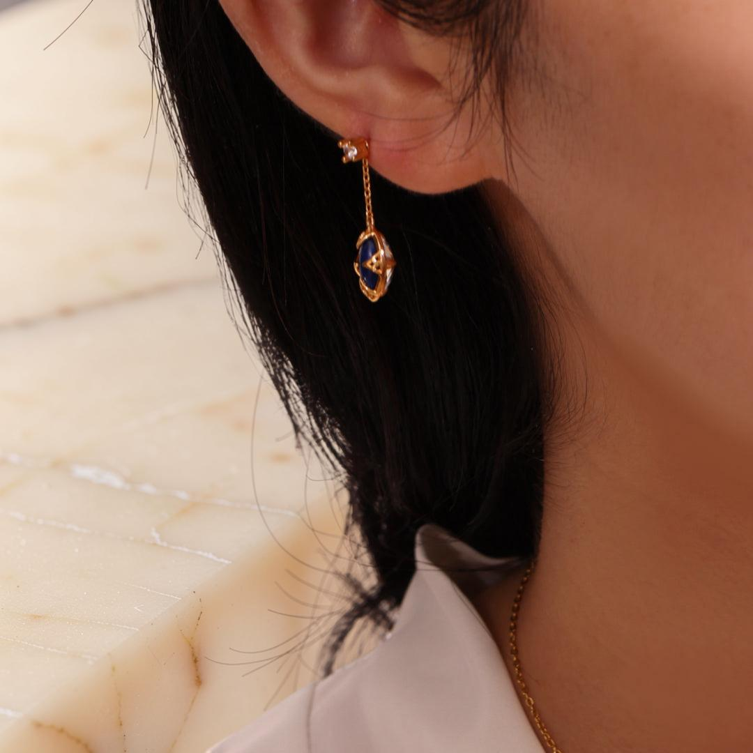 ATELIER-TIBET – Boucles d'Oreilles Lapis Lazuli et Quartz Clair – Étoile du Matin, Argent Plaqué Or
