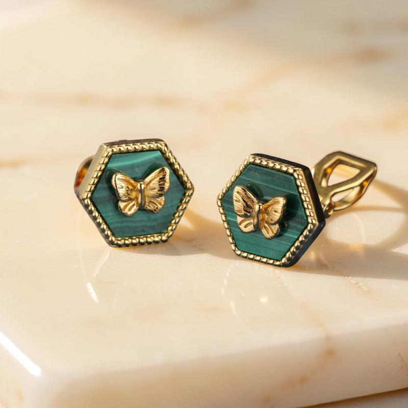 ATELIER-TIBET – Boucles d'Oreilles Malachite – Élégance Papillon,  Argent Plaqué Or