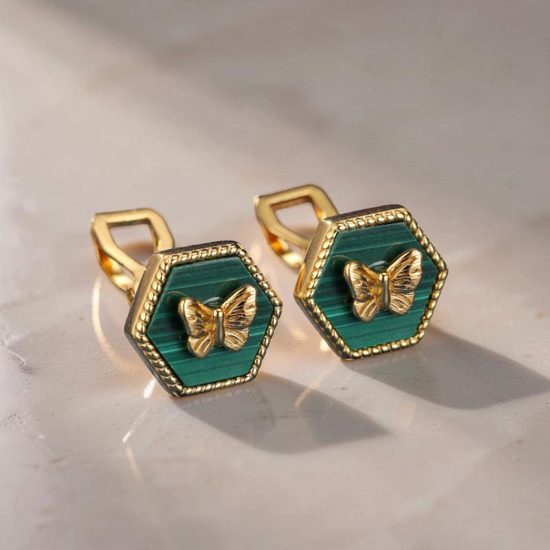 ATELIER-TIBET – Boucles d'Oreilles Malachite – Élégance Papillon,  Argent Plaqué Or