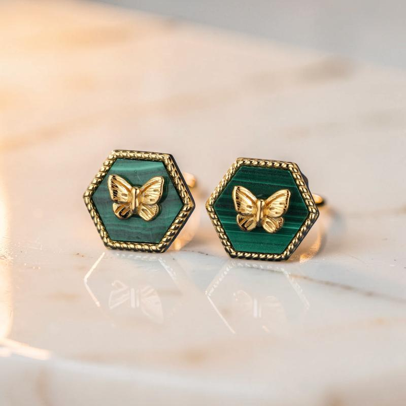 ATELIER-TIBET – Boucles d'Oreilles Malachite – Élégance Papillon,  Argent Plaqué Or
