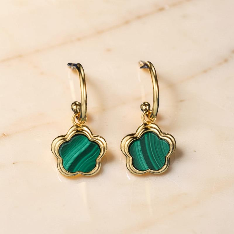 ATELIER-TIBET – Boucles d'Oreilles Malachite – Étoile Fleur, Argent Plaqué Or